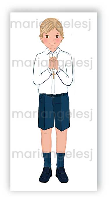 Dibujo comunion personalizado niño con pantalon corto y camisa blanca, modelo Angel